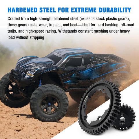 Beefed Up 50T M1.0 Hardened Steel Main Spur Gear With 23T Pinion For Traxxas RC Cars Upgrade Kit next to blue RC truck