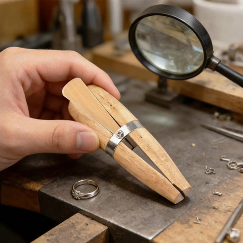 Hand holding Wooden Ring Clamp With Leather Jaws And Dope Wedge Lock for engraving rings on workbench with tools.