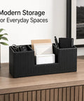 Black PU Leather Desk Organizer And Pen Holder For Office with compartments for pens, cards, keys on a wooden desk.