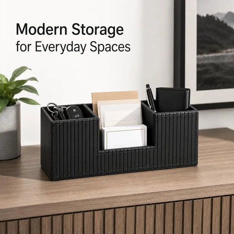 Black PU Leather Desk Organizer And Pen Holder For Office with compartments for pens, cards, keys on a wooden desk.