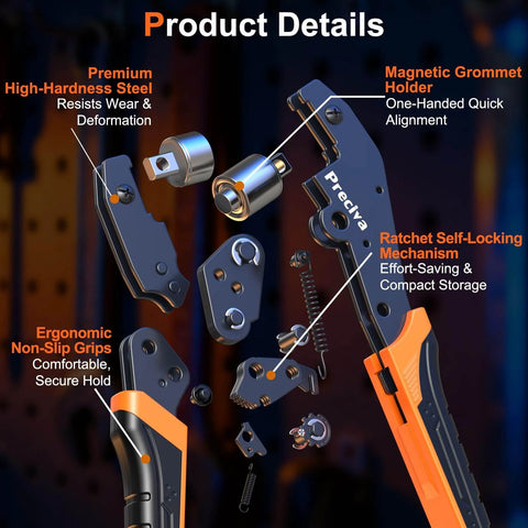 Three Size Grommet Tool Kit With Interchangeable Dies Half Inch Quarter Inch Three Eighths Inch Eyelet Setting Tool details