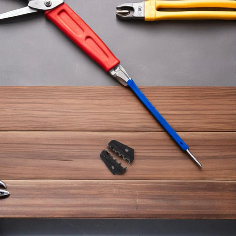 Doitool Compatible Crimping Die Replacement Terminal Pliers For Open Barrel Wire Stripping on wooden surface with tools.