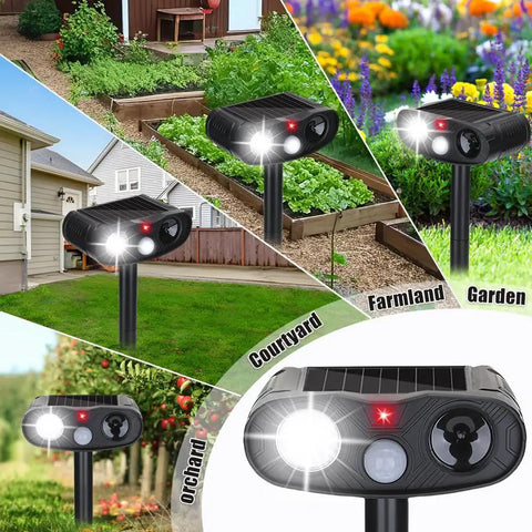 Outdoor Ultrasonic Deer Repellent Device With PIR Motion Sensor And LED Strobe 2 Pack Dual Deterrent For Yards And Gardens That Keeps Deer Away With Loud Ultrasonic Waves And Bright Flash, solar stake