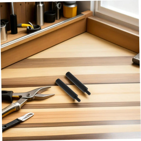 Smooth As Butter Soft Close Dampers 6 Pack Hydraulic Buffer Inserts For Drawers on a wooden work surface with tools.