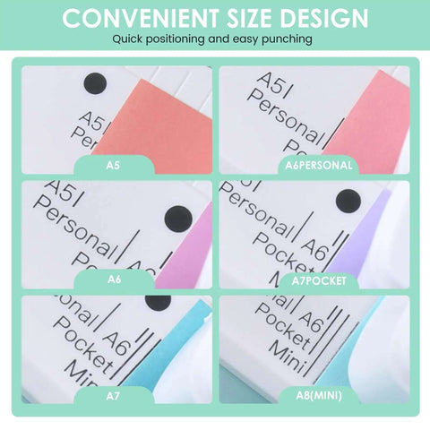 Diagrams showing Three-Hole Mini Paper Puncher compatible with A8 to A5 notebooks