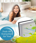 Woman using tablet with overlay of Cut To Fit Charcoal Carbon Pad 16 By 48 Inch 1 Pack for air purifiers odor removal