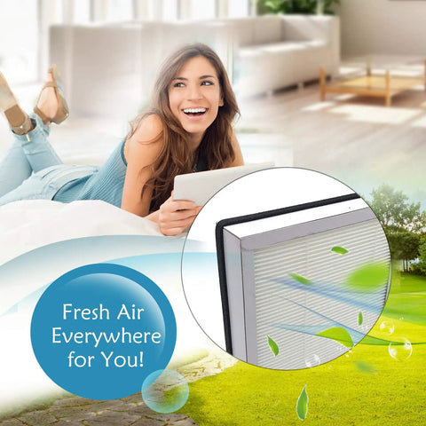 Woman using tablet with overlay of Cut To Fit Charcoal Carbon Pad 16 By 48 Inch 1 Pack for air purifiers odor removal