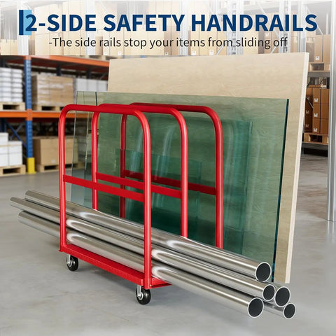 Heavy Duty Steel Panel Flatbed Cart With 2000 Lb Capacity Built To Haul Like A Boss Rugged Platform Truck For Warehouses And Job Sites Reinforced Steel Frame And Powder Coated Finish For Lasting Toughness, red steel panel cart with 2-side safety handrails carrying glass sheets and metal pipes in a warehouse