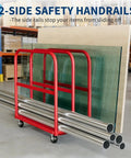 Heavy Duty 2000 Lb Drywall Dolly With Brakes 2 In 1 Panel Cart And 41 By 24 Platform Truck For Moving Sheetrock Plywood And Heavy Construction Materials On A Built Tough Industrial Steel Deck, red with 2-side safety handrails