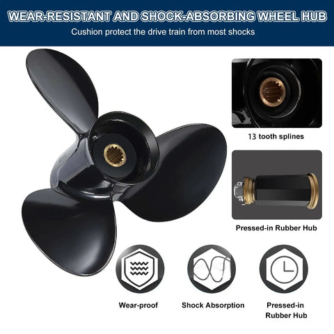Aluminum Boat Propeller 12 1/4 Inch Diameter 15 Inch Pitch Right Hand Rotation 13 Spline, black 3-blade design.