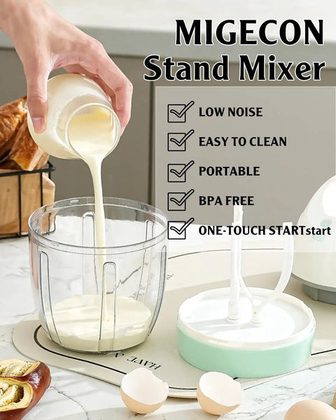 Electric Stand Mixer For Home Kitchen With 900ml Bowl One Touch Power Control Splash Prevention Milk Frother Egg White Whisk And 4 Mixing Attachments Food Whipping Cake Batter Mixer with a glass bowl and attachments on a kitchen counter.