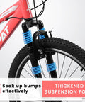 Close-up of front wheel and suspension fork of 24 Inch Female Mountain Bike With Dual V Brakes 21 Speed Shifter High Carbon Frame.