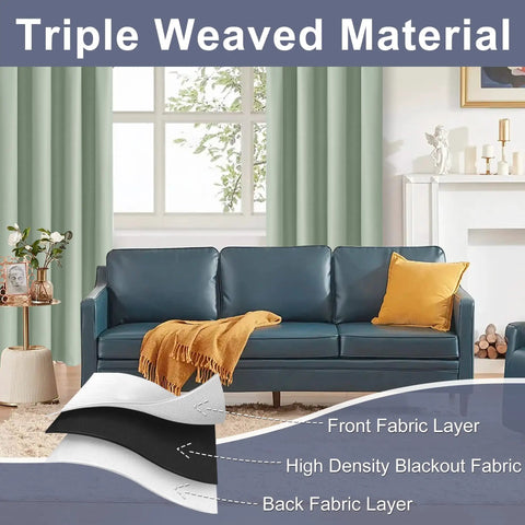 Extra Wide 70x63 Inch Blackout Curtains Set Of 2 Panels With Tiebacks Rod Pocket Thermal Insulated Room Darkening Drapes For Bedroom And Sliding Doors Light Green Color No Fuss Install Privacy And Light Control showcasing layered fabric material.