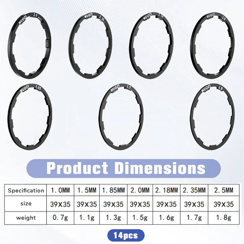Seven Piece Grooved Hub Washer Set for Bikes, Cassette Spacers and Flywheel Headset Spacers with dimensions and weights chart