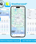 AI weather forecast app with real-time data, map display, and 24/7 instant alerts on three smartphone screens