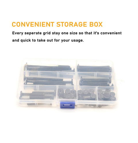 Convenient storage box for Crib Screws Kit M6 1.0 Black Hex Socket Cap Bolts with 10mm barrel nuts for beds complete set