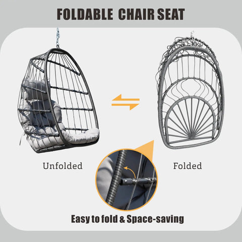 Foldable egg swing chair with stand for outdoor or indoor use, hanging chair with cushioned seat and headrest in light gray.