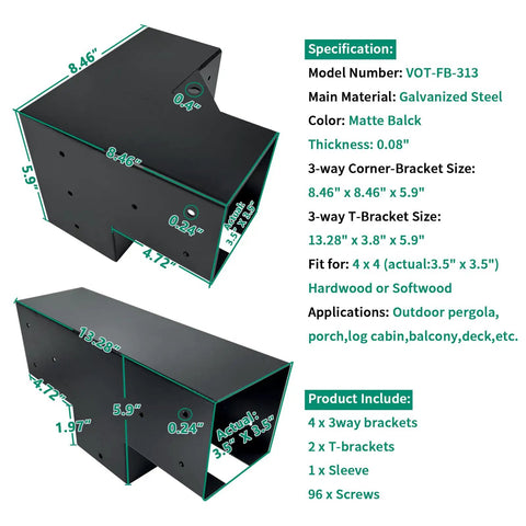Heavy Duty 3 Way Pergola Bracket Kit Right Angle Corner And T Shaped Flat Brackets For 4x4 Wood Beams Outdoor Gazebos Patios And Log Cabins Built Tough Weatherproof 6 Pack