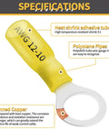 Front view of a yellow heat shrink sleeve labeled AWG 12-10 with exposed tinned copper and a gray terminal housing