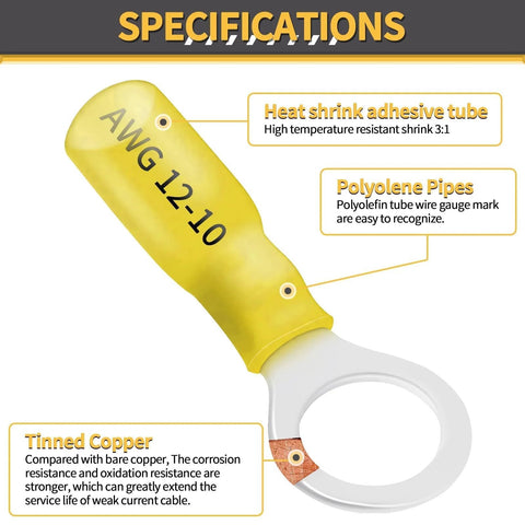Front view of a yellow heat shrink sleeve labeled AWG 12-10 with exposed tinned copper and a gray terminal housing
