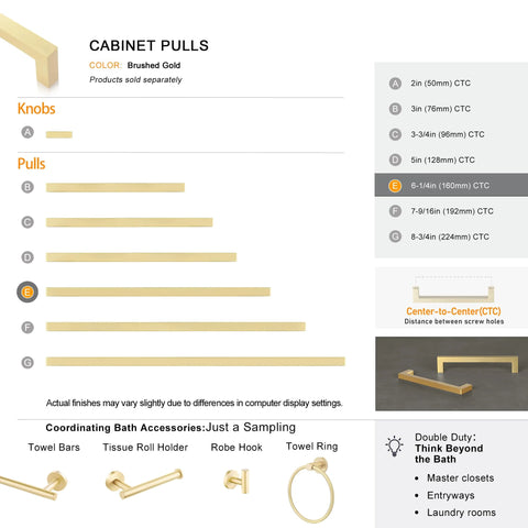 Diagram showcasing cabinet pulls in brushed matte gold with variable center-to-center sizes, including the 6-1/4 inch option highlighted.