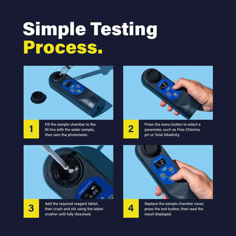 Digital Pool Test Kit For Swimming Pools Spas And Hot Tubs Delivers Dead On Results For PH Free Chlorine And Calcium Levels Helping You Keep Your Pool Pristine Without Any Headaches Or Hassle This Summer - simple testing process steps shown.