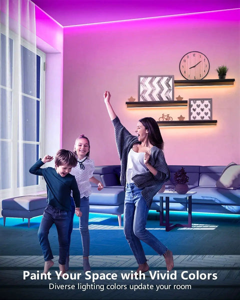 Family enjoying lit ambience with 65.6 Ft Waterproof LED Strip Lights With Remote, SMD 5050 Color Changing, in living room.