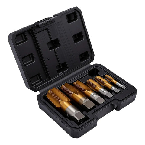 Six Piece Ti Coated Carbon Steel NPT Pipe Tap Set With Storage Case For Plumbing Automotive And Construction Jobs - Includes 1/8 In, 1/4 In, 3/8 In, 1/2 In, 3/4 In And 1 In Hand Threading Taps, open case