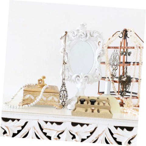 Top Linen Watch Tray With 9 Grids For Jewelry And Watch Storage beside jewelry storage and decorative mirror on table.
