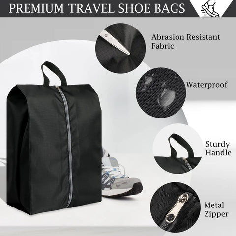 Must Have Travel Shoe Bags Set of 4 Large Waterproof Lightweight Organizers with Zipper, black bag with sneaker background