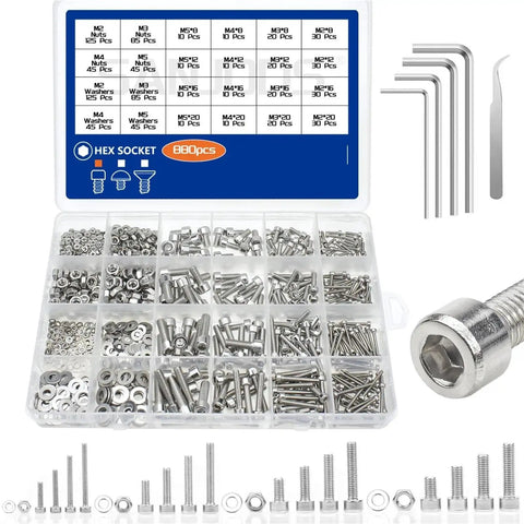 880 Piece Stainless Steel Hex Nuts Bolts And Washers Set For Home DIY Projects M2 M3 M4 M5 Metric Assortment Kit With Smooth Threads And Durable Hardware For Quick Fixes And Strong Fastening, organized case