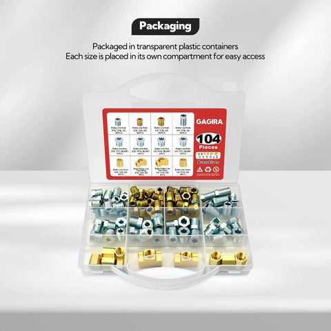 Premium 104 Piece Brake Line Fitting Kit Covers 3/16 And Quarter Inch Tubing With Corrosion Resistant Brass Nuts Unions And Tees For Quick Car Fixes clear storage case