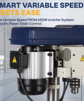 Close-up of 10 Inch Benchtop Drill Press With Variable Speed From 50 To 3000 RPM showing motor and power settings.