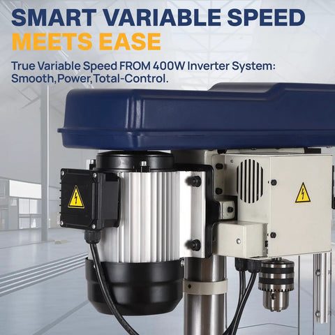 Close-up of 10 Inch Benchtop Drill Press With Variable Speed From 50 To 3000 RPM showing motor and power settings.