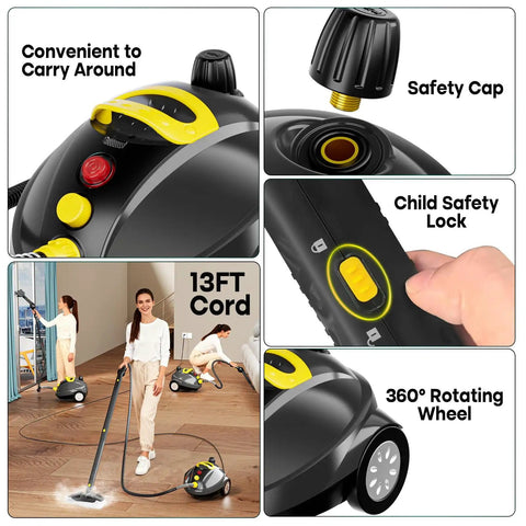 Multipurpose Steam Cleaner For Home Use With 275F High Temperature showcasing features like 13 Ft Cord, safety cap, child lock.