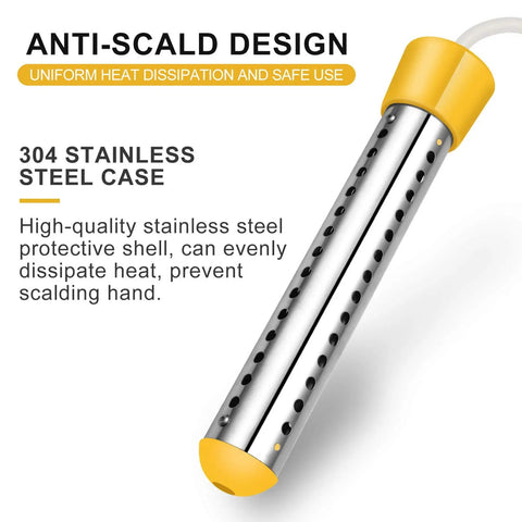 Portable 1500W Submersible Immersion Water Heater With 304 Stainless Steel Guard For Buckets Heats 5 Gallons Of Water In Minutes 120V Electric Bucket Warmer Yellow showing anti-scald design and stainless steel case