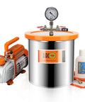 BACOENG 3-gallon stainless steel vacuum chamber with tempered glass lid, orange rim, top gauge, pump, and oil bottle