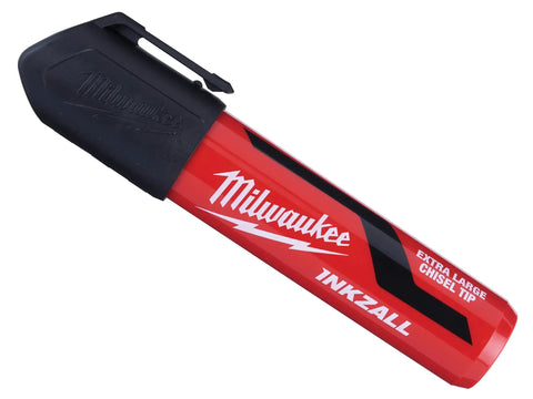 InkZall XL Chisel Tip Marker Black for Tough Jobs, showing red body with black cap, ideal for wet or dusty surfaces.