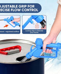 Heavy Duty Badass Electric Drum Pump For 55 Gallon Barrels showing blue nozzle with adjustable grip for precise flow control.