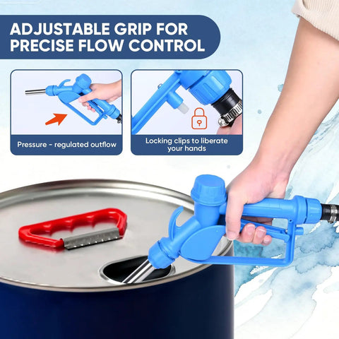 Heavy Duty Badass Electric Drum Pump For 55 Gallon Barrels showing blue nozzle with adjustable grip for precise flow control.