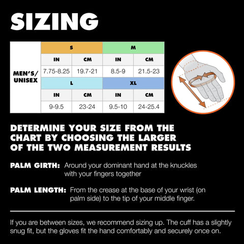 Mercury Mitts For Men Waterproof Insulated Winter Ski Snowboard Mittens Built For Backcountry Trips Alpine Climbing And Ice Climbing Ultra Warmth For Brutal Cold Weather sizing chart showing different measurement guidelines and instructions for palm girth and length.
