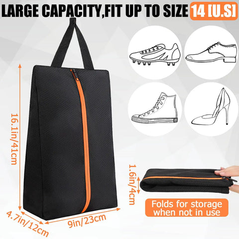 Smell Proof Shoe Bag For Travel And Gym Odor Blocking Waterproof Golf Kicks Bag with zipper, handle, showing shoe capacity and folding feature.