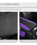 Patchwork Leather Center Console Covers For Cars With Side Storage Pocket And Car Seat Organizer Upgraded Arm Rest Middle Console Protector For Car Interior Stylish Patchwork Design In Purple before and after installation