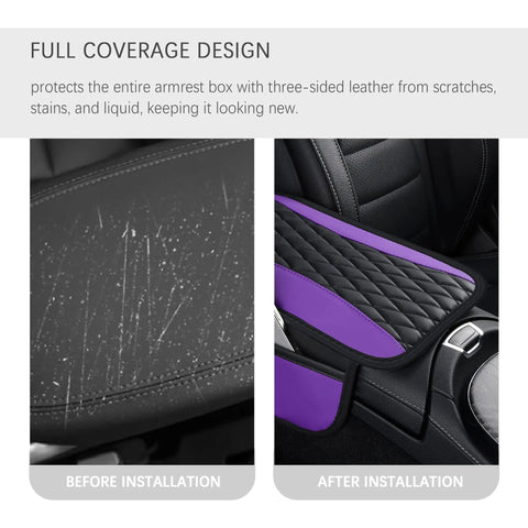 Patchwork Leather Center Console Covers For Cars With Side Storage Pocket And Car Seat Organizer Upgraded Arm Rest Middle Console Protector For Car Interior Stylish Patchwork Design In Purple before and after installation