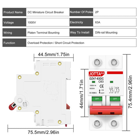 Front view of Solar Panel Disconnect Switch 2 Pole DC Circuit Breaker 63A Beefy Isolator For PV System 1000V DIN Rail Mount