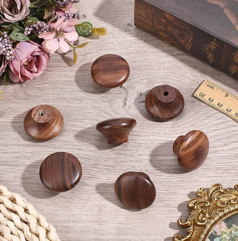 Mushroom Shape Walnut Wood Drawer Handles 10Pcs Coconut Brown Single Hole Wooden Cabinet Knobs displayed on a wooden surface