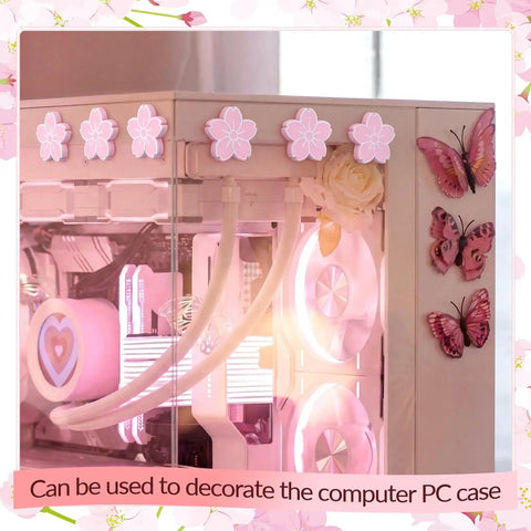 Pink Cherry Blossom PC Case Decor Set Featuring 15 Kawaii Sakura Stickers For Gamer Girls on a white PC case with butterfly accents