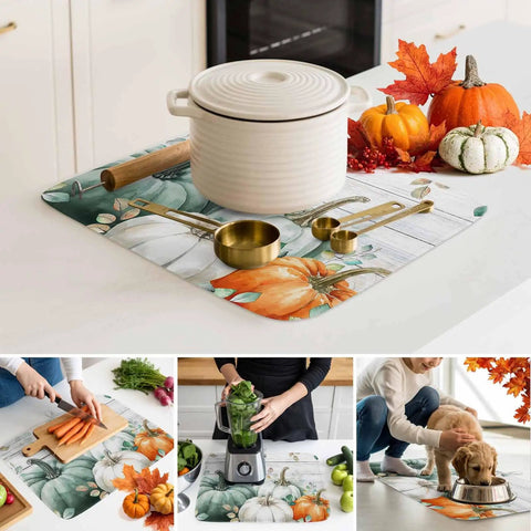 Sage Green Pumpkin Dish Drying Mat For Kitchen Counter Absorbent Microfiber Surface With Wood Grain Leaves Autumn Decor 16 By 18 Inches Machine Washable
