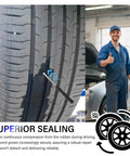 Mechanic with 100 Piece Tire Repair Kit With Screw-In Plugs, fixing puncture in truck tire in garage.