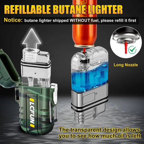 Two Pack Waterproof Outdoor Lighters showing refill process, windproof torch lighter, transparent for fuel visibility, product focus keyword.